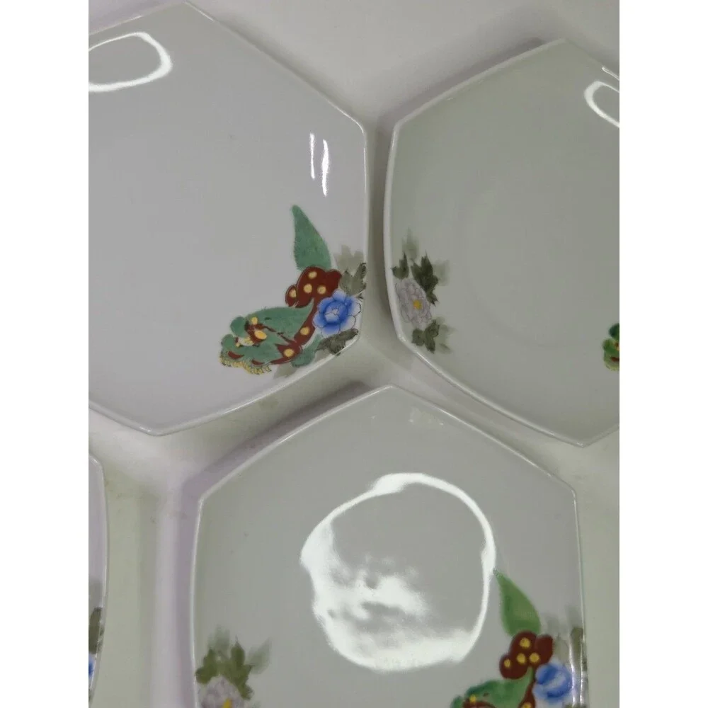 Set Of 5 Hexagonal Plates Hand Painted Foo Dogs Dragons Floral 7.25